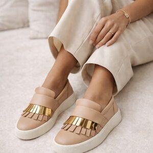 Giuseppe Zanotti Fringe Leather Sneakers Beige Gold Hardware Slip-On Size 6